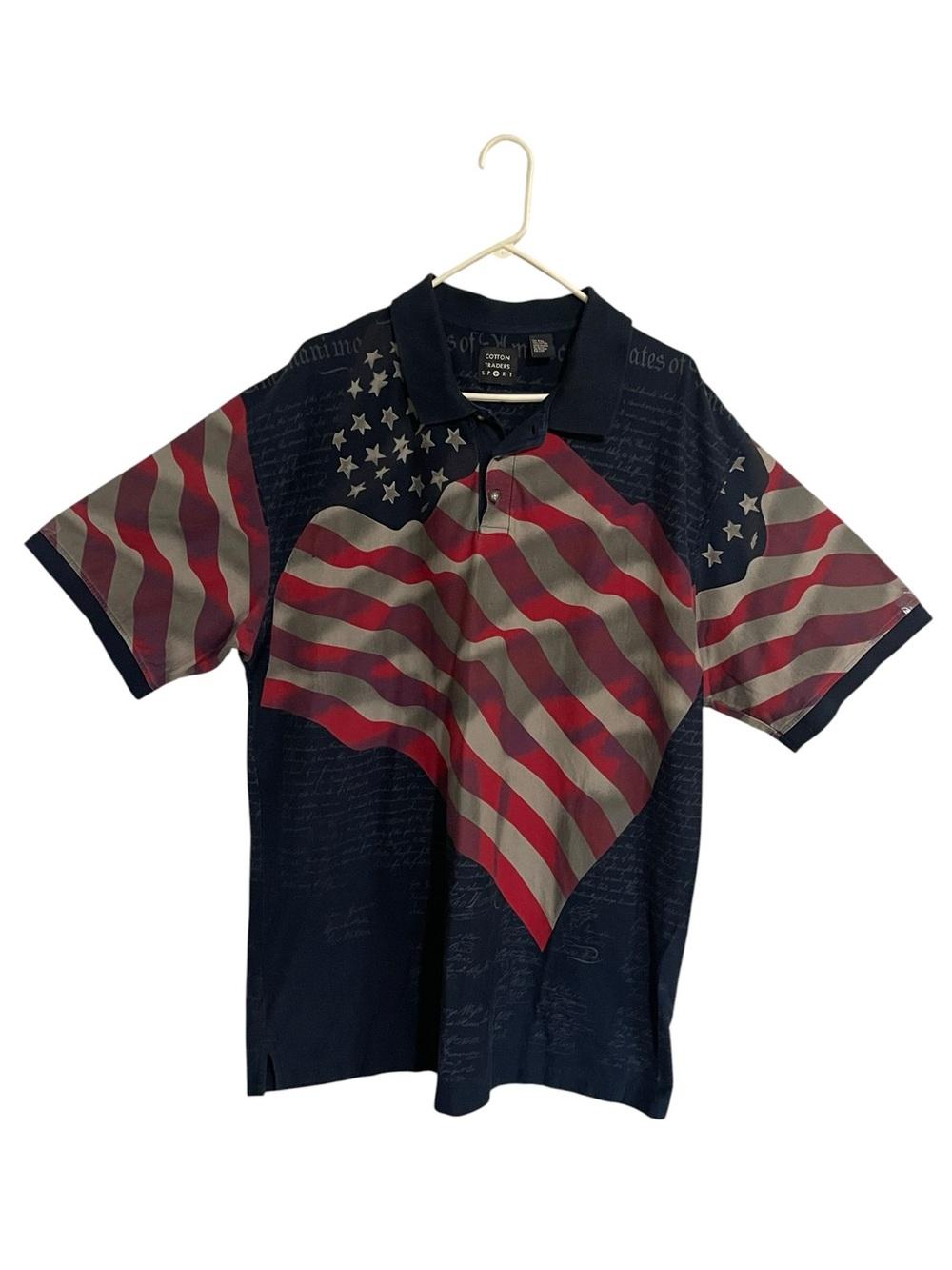 Men's Casual Button-Down Polo with American Flag Graphic - Navy / Red / Cream